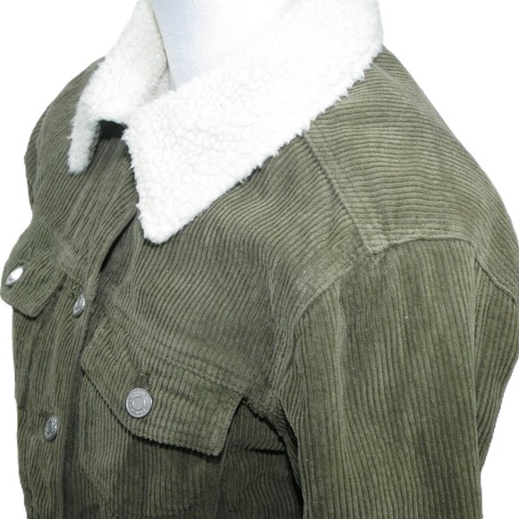 PacSun Army Green Corduroy Sherpa Lined Trucker Jacket Faux Fur Oversized Small - Picture 2 of 6